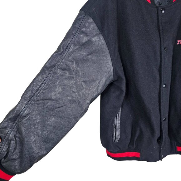 Texport Black & Red Wool Bomber Jacket 2XL Leather Sleeves Moto Bikercore Grunge - Picture 11 of 13
